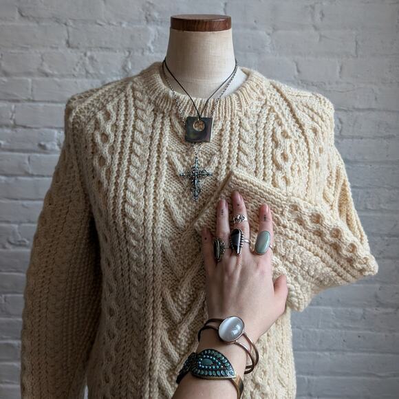 Vintage Wool Fisherman Knit Grandpa Sweater Minimalist Chunky Cable Knitted Top - Picture 5 of 8